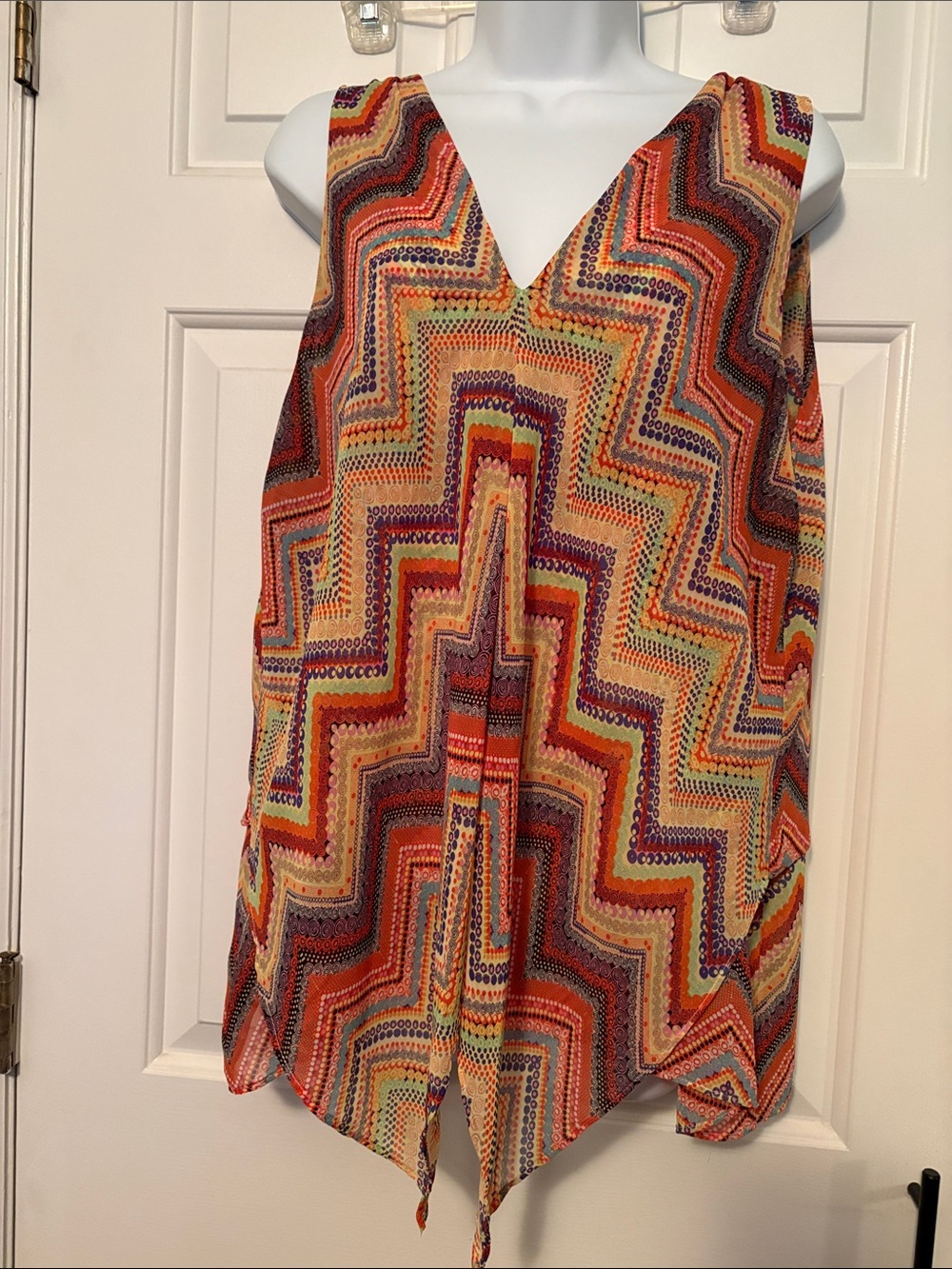 Robert Louis V-Neck Chevron Print Sleeveless Top - Orange Multi